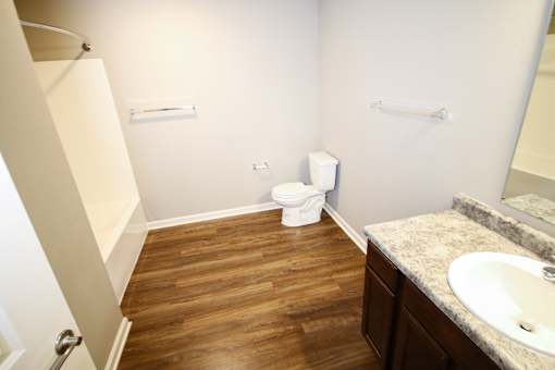 A bathroom with a toilet, sink, and wooden floors.