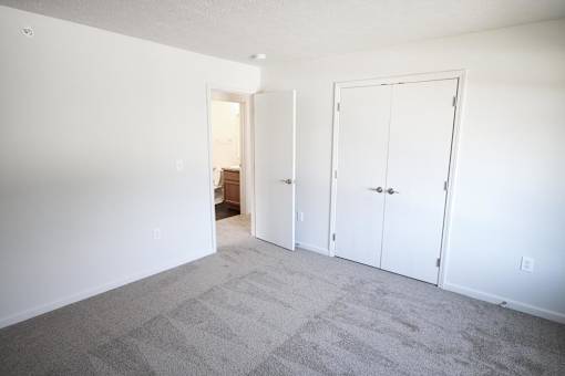 A room with a carpeted floor and two white doors.