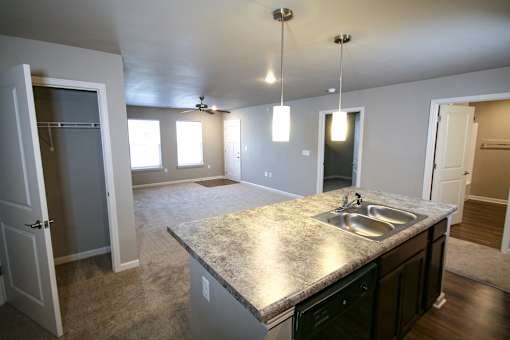A kitchen with a granite countertop and a sink.