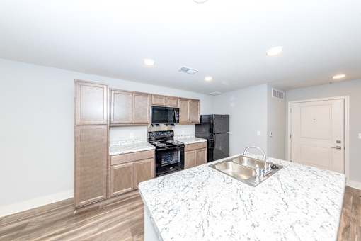 A kitchen with a sink and cabinets.