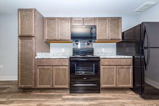 A kitchen with a black fridge and a black microwave on a counter.