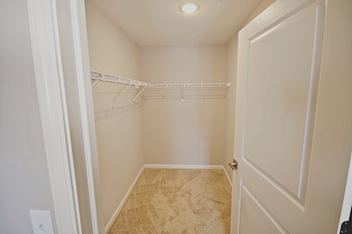 A small, empty closet with a carpeted floor and a white door.