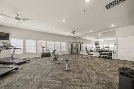 A spacious gym with treadmills, elliptical machines, and other exercise equipment.