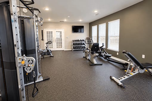 A well-equipped home gym with a variety of exercise machines.