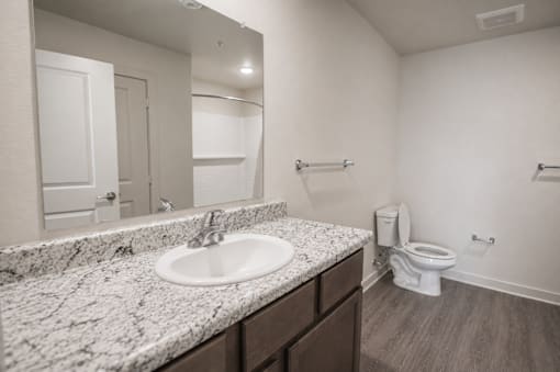 A bathroom with a marble countertop and a toilet in the corner.