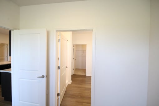 an open door leading to a hallway with a hallway door open to a closet