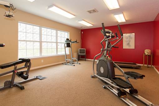 A home gym with a treadmill, elliptical trainer, and other exercise equipment.