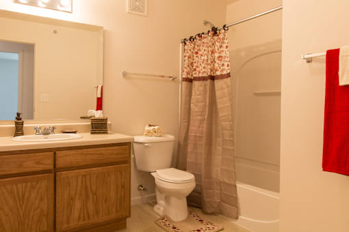 A bathroom with a toilet, sink, and shower.