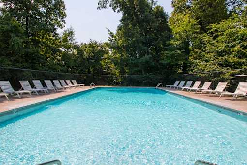 A large swimming pool surrounded by trees and lounge chairs.