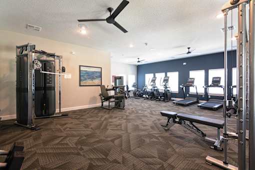 A gym with a variety of equipment including a treadmill, weights, and a bench.