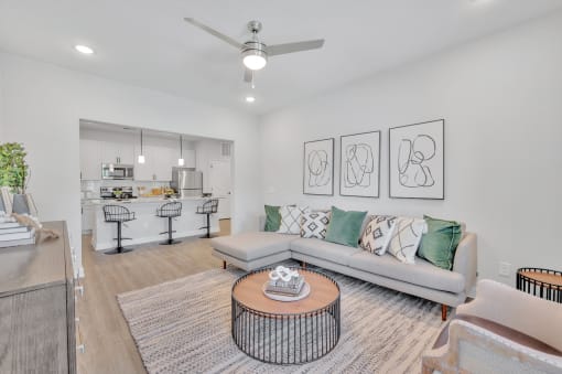 a living room with a couch and a coffee table