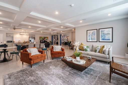 A living room with a grey rug and a brown sofa.