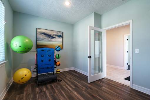 A room with a blue exercise machine and a green exercise ball.