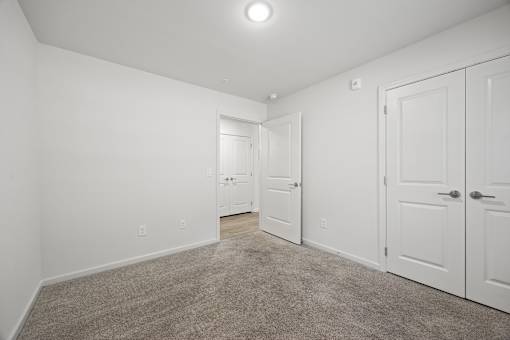 A room with white walls and carpeted floor with two doors.