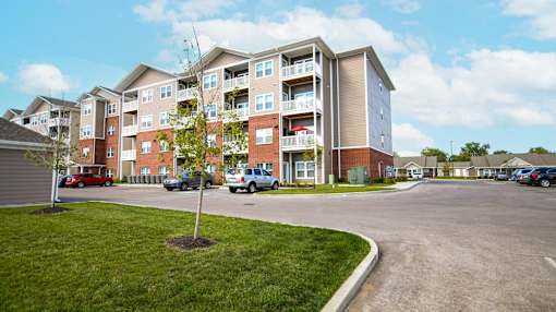 A tree stands in a grassy area in front of apartment buildings.