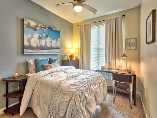 a bedroom with a bed and a desk