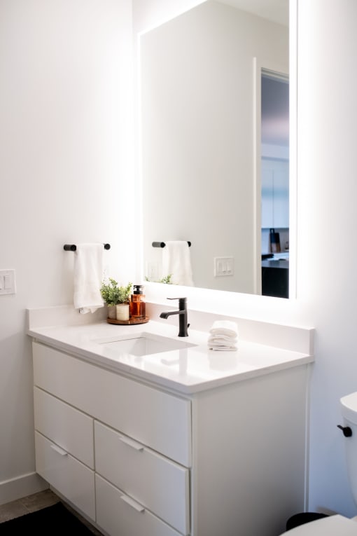 a white bathroom sink with a large mirror above it