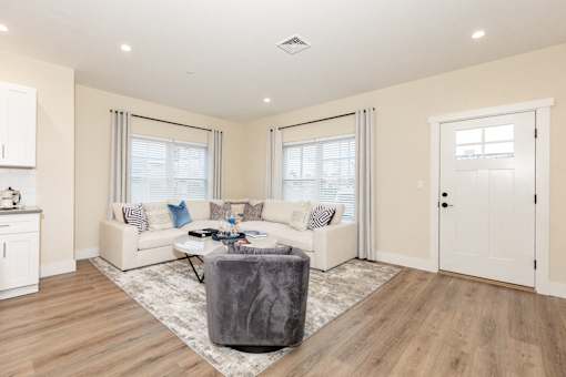 A living room with a grey sofa and a grey rug.