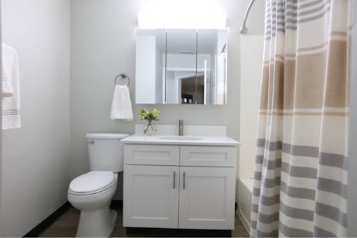 A white bathroom with a toilet, sink, and mirror. at Evergreen, Merrillville, IN, 46410