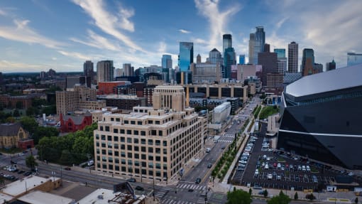 a view of the city from the top of a building