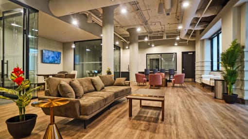 a living room with a couch and a table