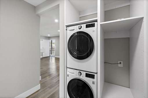 a washer and dryer in a laundry room in a house at Ocean Breeze Terrace Apartment, Huntington Beach, California