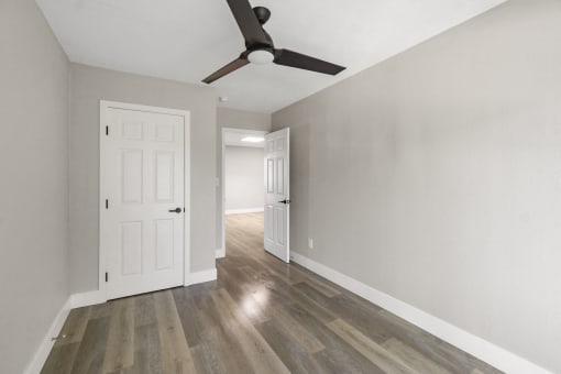 bedroom with ceiling fan at Ocean Breeze Terrace Apartment, Huntington Beach, CA, 92648