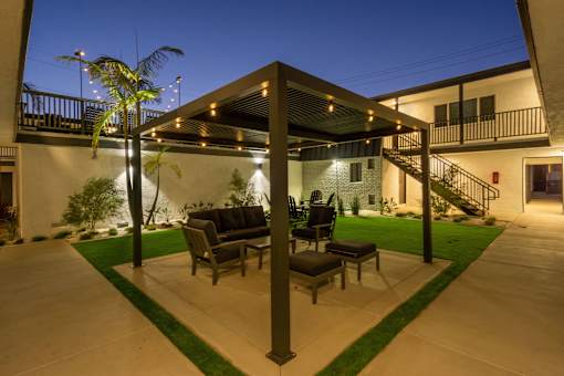 Pergola with seating outdoor at Ocean Breeze Terrace Apartment, Huntington Beach, 92648