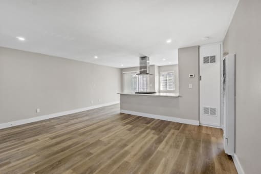 renovated kitchen and living room at Ocean Breeze Terrace Apartment, California, 92648