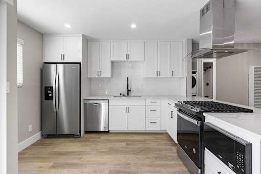 renovated kitchen at Ocean Breeze Terrace Apartment, California