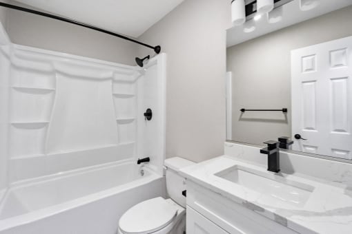 renovated bathroom at Ocean Breeze Terrace Apartment, Huntington Beach, CA