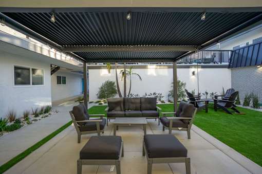 pergola with seating area at Ocean Breeze Terrace Apartment, Huntington Beach, CA, 92648