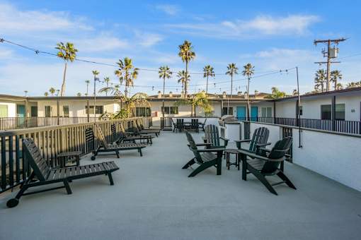 Deck with seating and BBQ at Ocean Breeze Terrace Apartment, Huntington Beach, CA