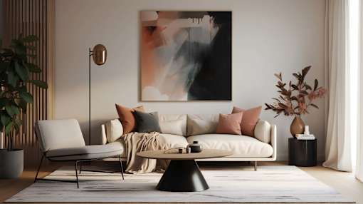 A modern living room with a large abstract painting on the wall.