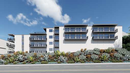 an architectural rendering of a large white building with solar panels on the side of it