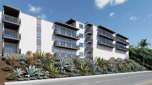 an architectural rendering of a white building with balconies and succulents