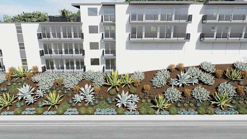 a rendering of a building with a garden in front of it