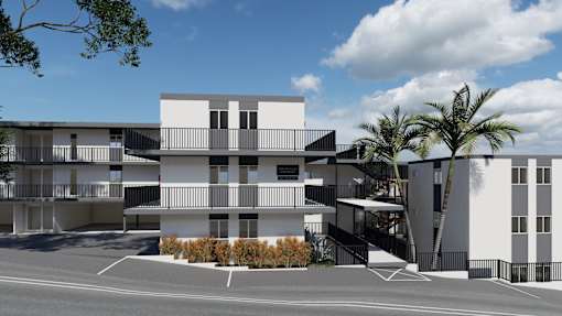 a rendering of a white and black building with palm trees
