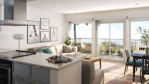 a rendering of a living room with a kitchen and a balcony
