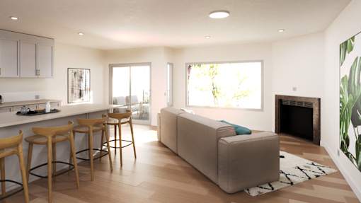 a living room with a couch and a bar with stools