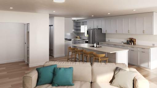 a living room and kitchen with a couch and chairs