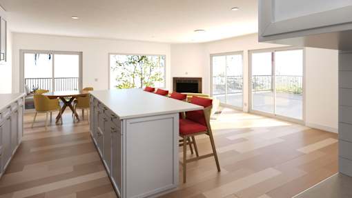 a kitchen and living room with a table and chairs