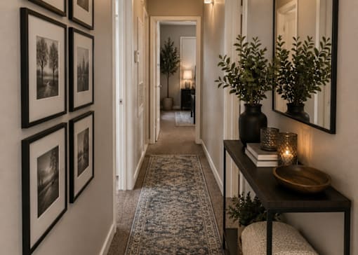 A hallway with a table, vases, and framed pictures on the wall.