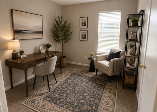 A room with a desk, chair, and a couch.