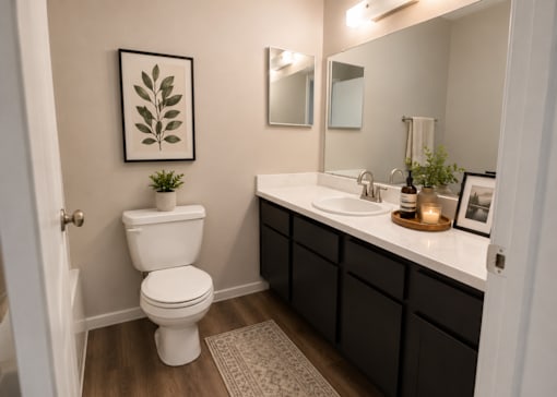 A white toilet sits in a bathroom with a framed leaf picture on the wall.
