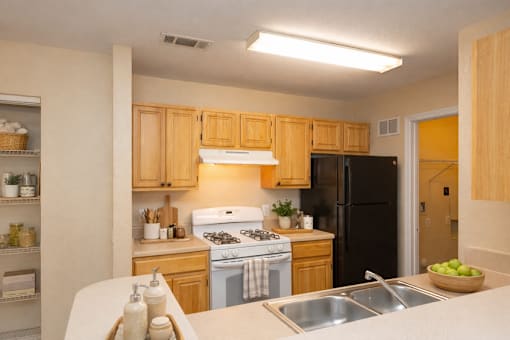 Modern kitchen with gas range and upper cabinets at Walnut Ridge Apartments, Raleigh