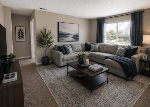 A living room with a grey couch, a coffee table, and a painting on the wall.