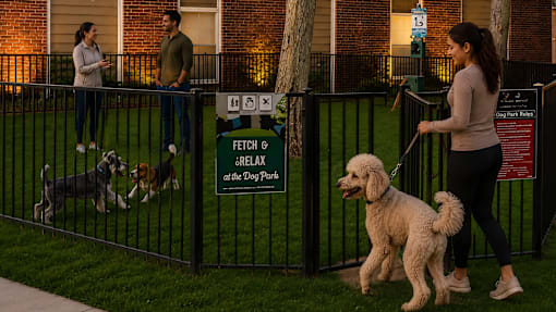 Fenced dog park with pet amenity signage at Las Lomas Apartments, El Paso