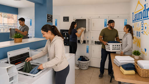 Shared laundry facility with folding station and storage at Las Lomas Apartments, Texas, 79912