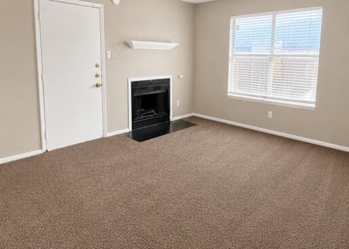 A room with a fireplace and a door.